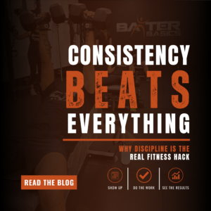Man lifting in a gym beside the words “Consistency Beats Everything”, highlighting discipline and long-term fitness success.